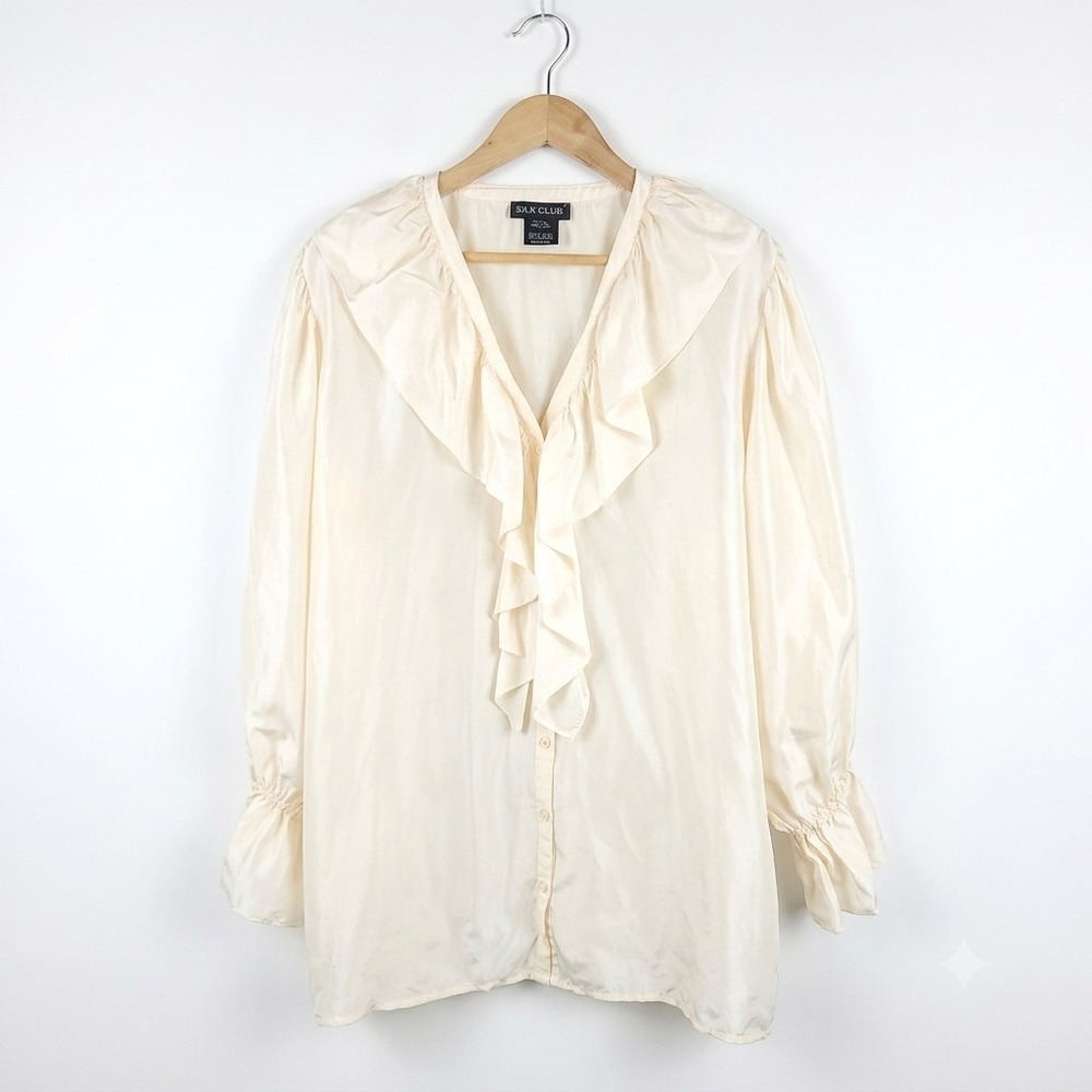 Vtg SILK CLUB 100% Silk Blouse 1X Cream Ivory Ruffle Romantic Cottagecore Pirate